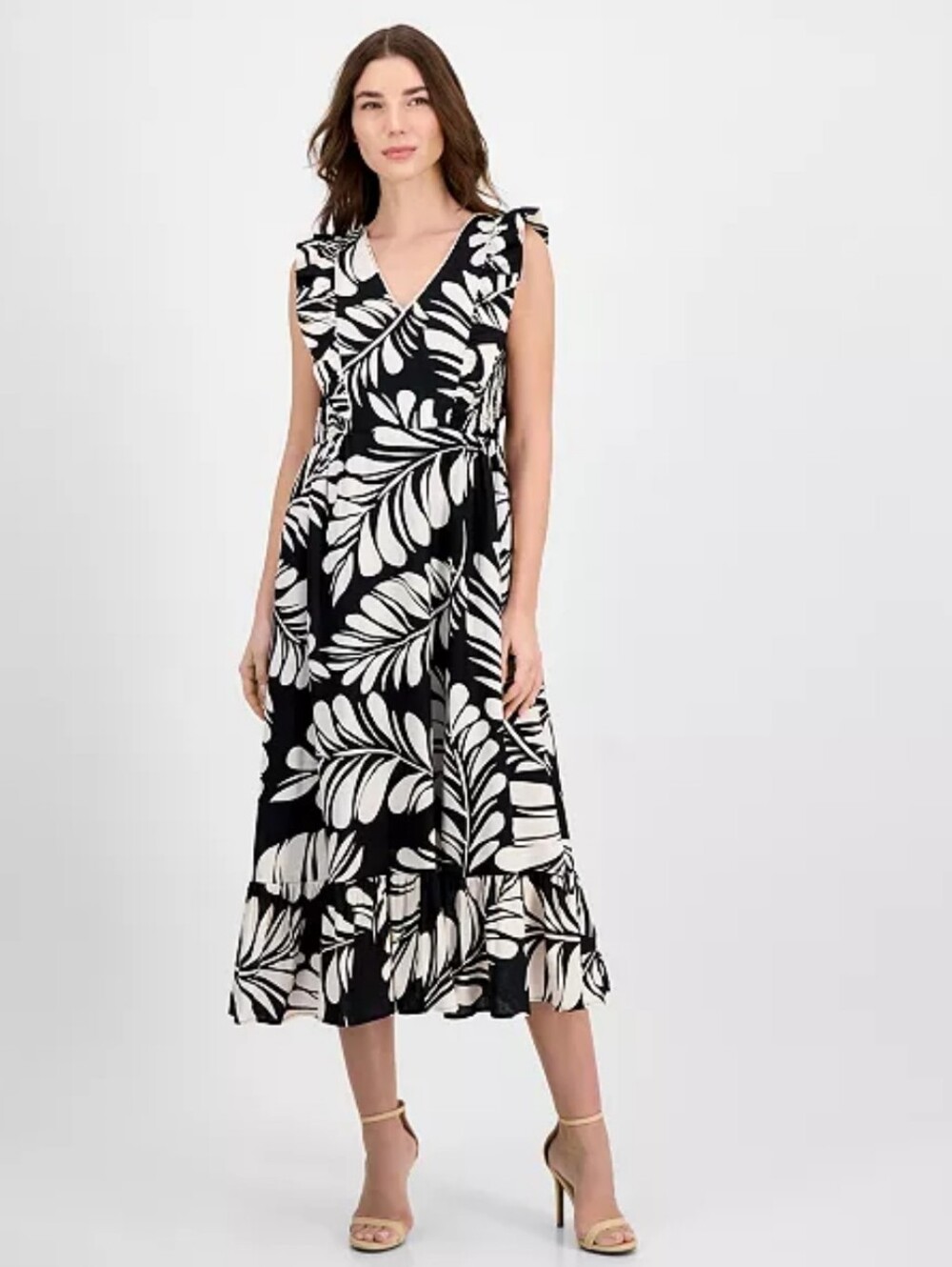 Anne Klein Black White Floral Midi Dress Women Size 2 Ruffle Sleeve V-Neck NWT